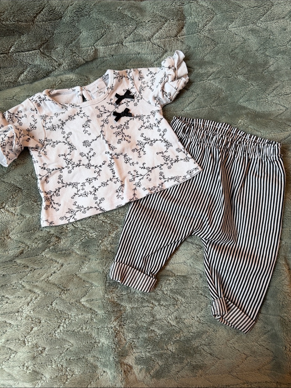 Laura Ashley White Baby Top with Black Floral Sketch and Ribbon Bows